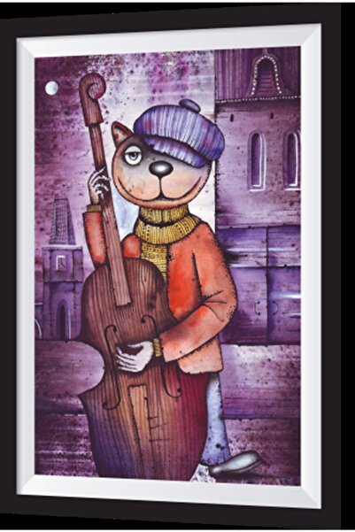 Hayat Poster Pisica care cântă la contrabas, cadru artistic, pictură din lemn
