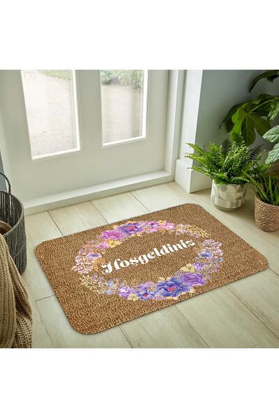 KELEBEKHOME Kelebek Home Hoşgeldiniz Mor Güller Temalı Iç-dış Kapı Önü Paspası