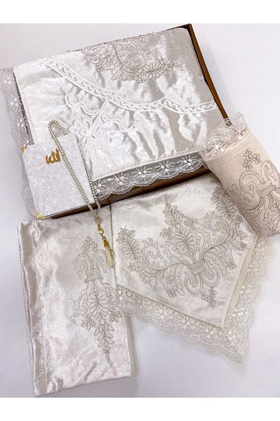 AYHANHOME 6 Piece Prayer Rug Set, Dowry Bundle Boxed, Velvet Laced Bride and Groom Set