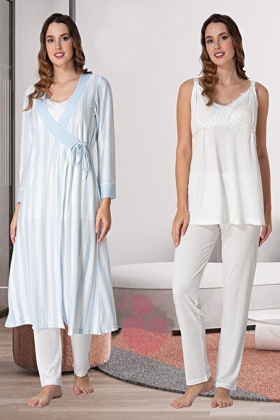 lohusahamile Effortt 9034 Εκρού Μπλε Ριγέ Σετ Πιτζάμες Εγκυμοσύνης με Ρόμπα