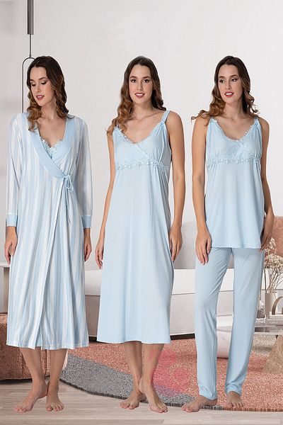 lohusahamile Effortt 9036 Maternity Set of 4 with Blue Striped Dressing Gowns
