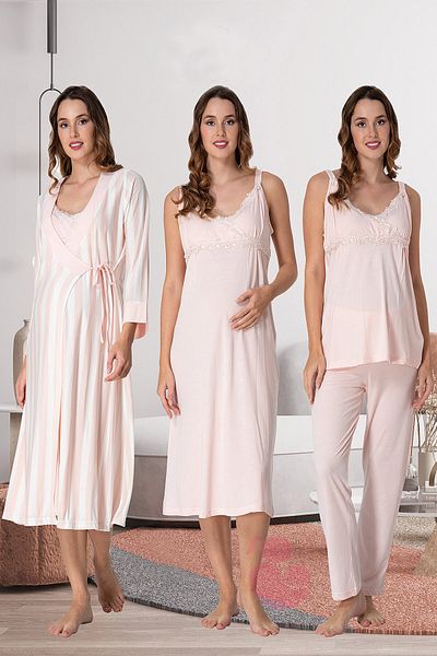 lohusahamile Effortt 9036 Salmon Striped Maternity Set of 4 with Dressing Gown