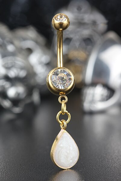 Valhalla 316l Cerrahi Çelik Özel Üretim Zirkon Taş Damla Göbek Piercing Gold