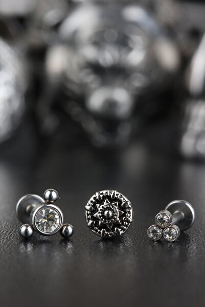 Valhalla 316l Cerrahi Çelik Kıkırdak Tragus Helix Zirkon Taş Labret 3'lü Set ...