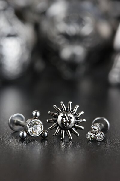 Valhalla 316l Cerrahi Çelik Kıkırdak Tragus Helix Zirkon Taş Labret 3'lü Set Piercing 6 Mm