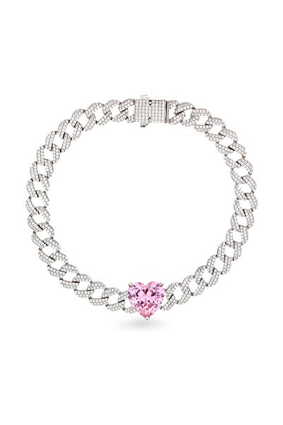 Silveranka 925 Ayar Gümüş Gurmet Zincir Pembe Kalp Detay Rodyumlu Gümüş Bileklik