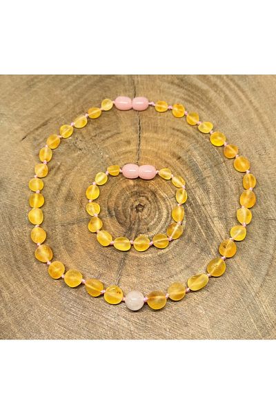 Kotryna Drop Amber Pink Quartz Matte Lemon Baby Necklace Bracelet Set