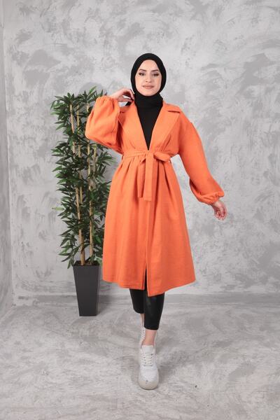 Aranlı tekstil Belted Women's Hijab Coat with Gathered Sleeves