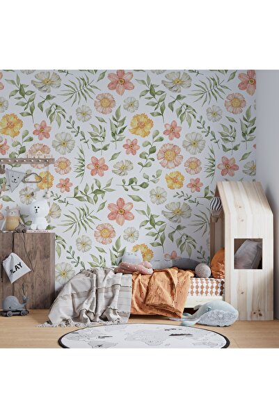 LOTUS AURA Pembe Çiçekli Duvar Kağıdı, Yeşil Yapraklı Duvar Resmi