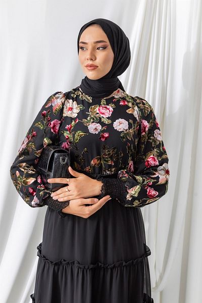 lovebox Black Hijab Dress with Floor Detail and Lined Chiffon Fabric Velvet Textured Floral Pattern Skirt 5971
