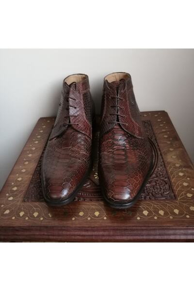 Pedro Camıno Uniseks Hakiki Deri Taba Kahve Yılan Baskı Bağcıklı Kauçuk Tabanlı Bot