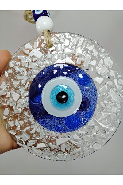 White Crumbled Glass Evil Eye Bead Handmade Wall Decor 13 Cm