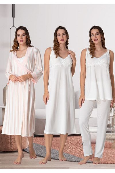 by İGP Women's Ecru Pregnant Maternity Dressing Gown Nightgown Pajama Set 4 Piece Effortt