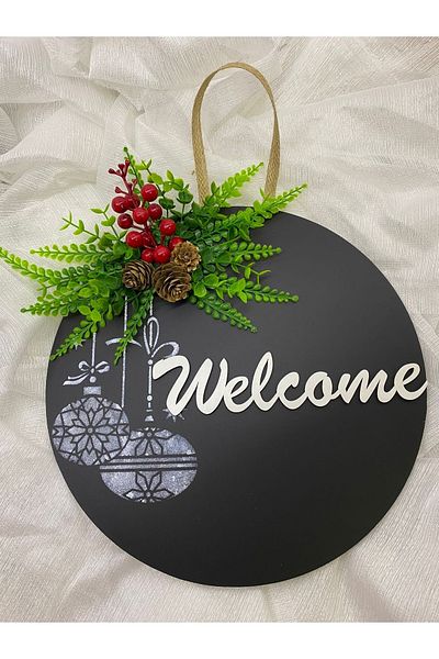 HOBİ55 Πρωτοχρονιάτικο Ξύλινο Στολίδι Πόρτας Welcome Black Gift with Leaves 2023 Red Bud