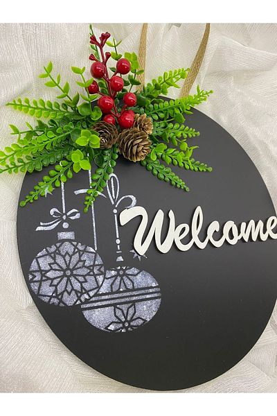 HOBİ55 Πρωτοχρονιάτικο Ξύλινο Στολίδι Πόρτας Welcome Black Gift with Leaves 2023 Red Bud