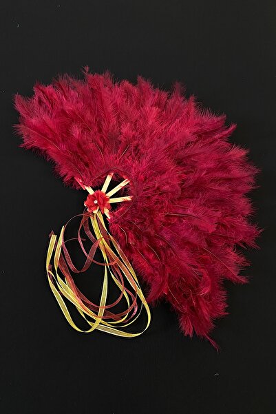 ZEYMERADE Bordo Gelin Yelpazesi, Ahşap Tüylü Kına Gecesi Yelpazesi, Nedime Sünnet Yelpaze, Büyük Boy Yelpaze