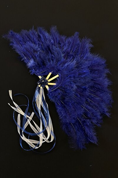 ZEYMERADE Lacivert Gelin Yelpazesi, Ahşap Tüylü Kına Yelpazesi, Nedime Sünnet Yelpaze, Büyük Boy Yelpaze 60*35