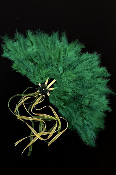 ZEYMERADE Yeşil Gelin Yelpazesi, Ahşap Tüylü Kına Gecesi Yelpazesi, Nedime Sünnet Yelpaze, Büyük Boy Yelpaze