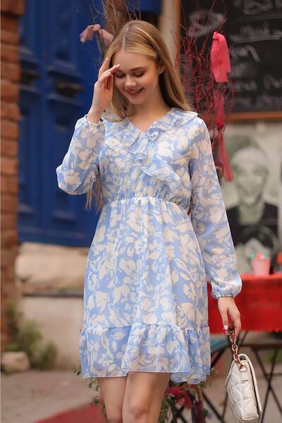 Neşeli Butik Kadın Mavi Kruvaze Yaka Detaylı Eteği Fırfırlı Şifon Elbise Rssn20