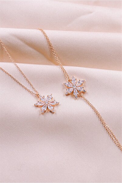 vüs jewel Gümüş Kadın Takı Seti, Kolye Ve Bileklik Kamelya Çiçeği Zirkon Taşlı