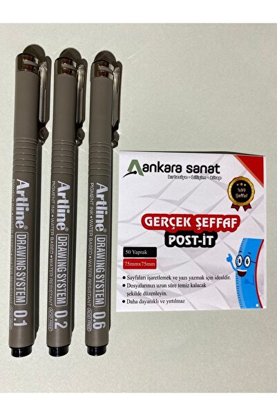 Maxx Şeffaf Post-it+artline Teknik Çizim Kalem (0,1-0,2-0,6) Seti
