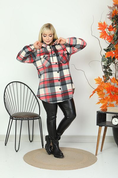 xlargebutik Plus Size Women's Clothing Warm Soft Red Fleece Fabric Shirt