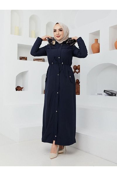 Aşkı Endam Mayda Large Size Full Length Fur Lined Coat - Navy Blue