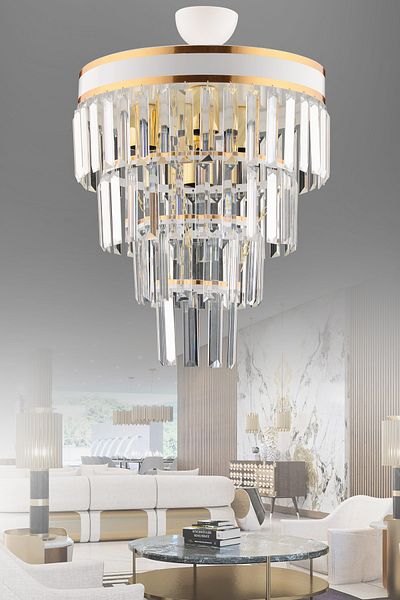 KUZEY AYDINLATMA Çağla 5-Piece White Four-Layer Crystal Stone Modern Chandelier