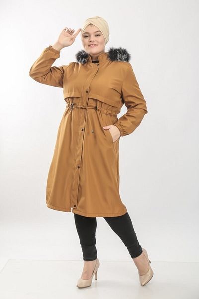 Aşkı Endam Women's Large Size Interlayer Furry Winter Waterproof Coat - Tan