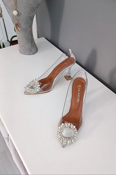 LA CALZATURE Pantofi de damă stiletto cu toc șampanie de 9 cm cu mustață argintie transparentă cu accesorii din piatră Zr