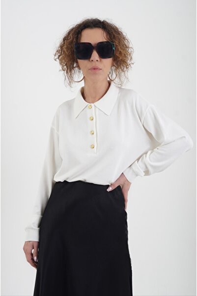 Zelish My Sister Pulover cu guler polo cu nasturi aurii ecru