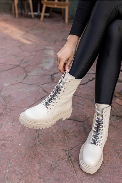 ANGELİNA JONES Cash Γυναικείες Μπεζ Μπότες από Γνήσιο Δερμάτινο Πέτρινο Λεπτομέρεια