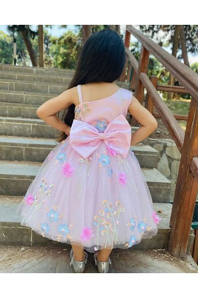 Sare Çocuk Giyim Pink Floral Single Sleeve Girl's Evening Dress