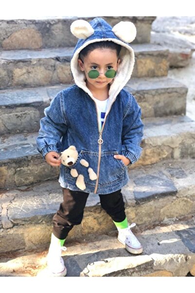 Pink Hippo Kids Unisex Kulak Kapüşonlu, Içi Welsoft Kaplamalı, Cepte Ayıcık Detaylı, Fermuarlı Çocuk Kot Mont