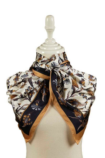 Bursa İpek Black Gold Carnation Tulip Pattern Large Silky Scarf