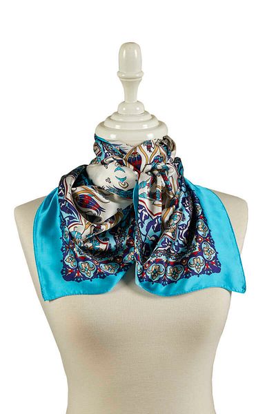 Bursa İpek Navy Blue Turquoise Tile Tulip Pattern Narrow Silky Scarf