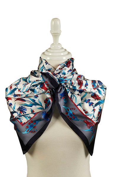 Bursa İpek Gray Black Carnation Tulip Pattern Large Silky Scarf