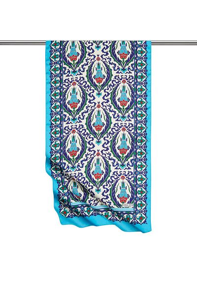 Bursa İpek Navy Blue Carnation Pattern Narrow Silky Scarf