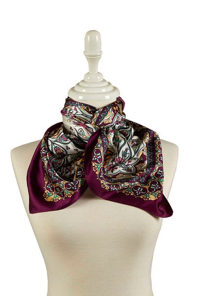 Bursa İpek Gold Plum Tile Tulip Pattern Narrow Silky Scarf