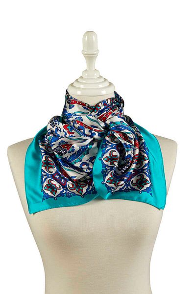 Bursa İpek Saks Navy Blue Carnation Pattern Narrow Silky Scarf