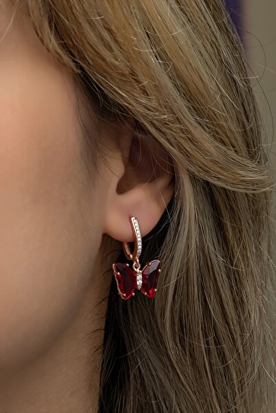 Nereze 925 Ayar Gümüş Kırmızı Taşlı Sallantılı Kelebek Küpe