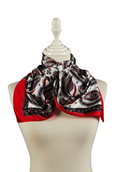 Bursa İpek Black Red Row Tulip Pattern Narrow Silky Scarf
