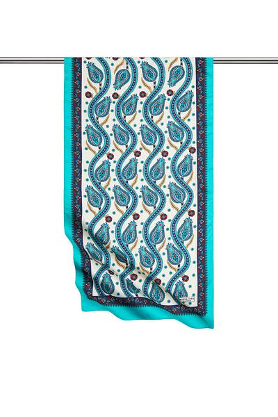 Bursa İpek Navy Blue Green Row Tulip Pattern Narrow Silky Scarf