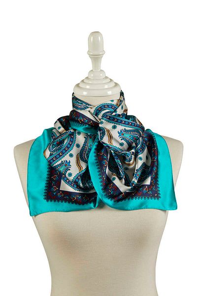 Bursa İpek Navy Blue Green Row Tulip Pattern Narrow Silky Scarf