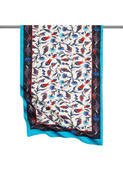 Bursa İpek Black Turquoise Carnation Tulip Pattern Large Silky Scarf