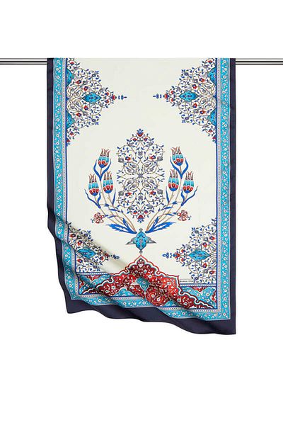 Bursa İpek Turquoise Navy Blue Candlestick Pattern Large Silky Scarf