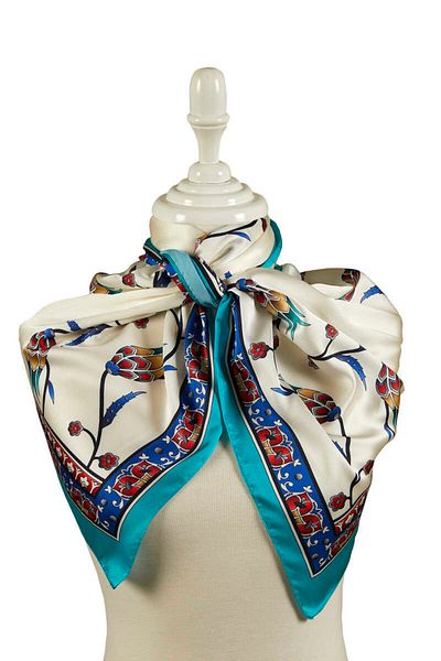 Bursa İpek Saks Green Row Tulip Pattern Large Silky Scarf