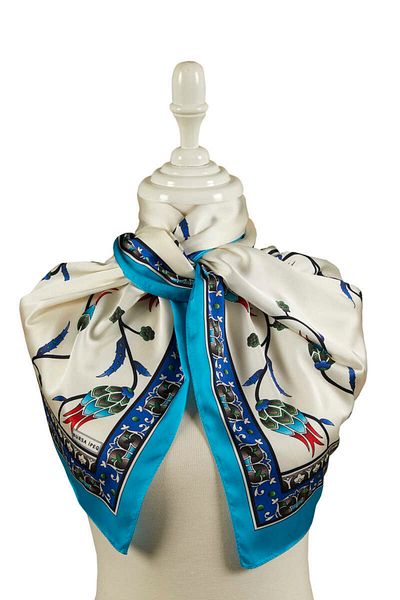 Bursa İpek Turquoise Saks Row Tulip Pattern Large Silky Scarf