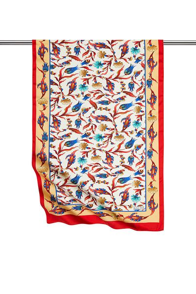 Bursa İpek Gold Red Carnation Tulip Pattern Large Silky Scarf