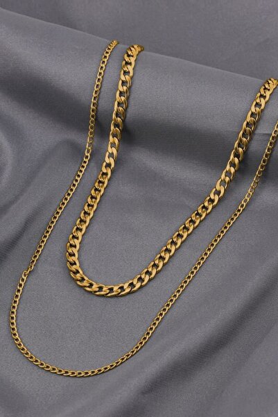 Bluem مجموعة سلسلة الشعير المزدوجة السميكة والرفيعة باللون الأصفر المقاوم للصدأ - قلادة مستوردة مضادة للتشويه